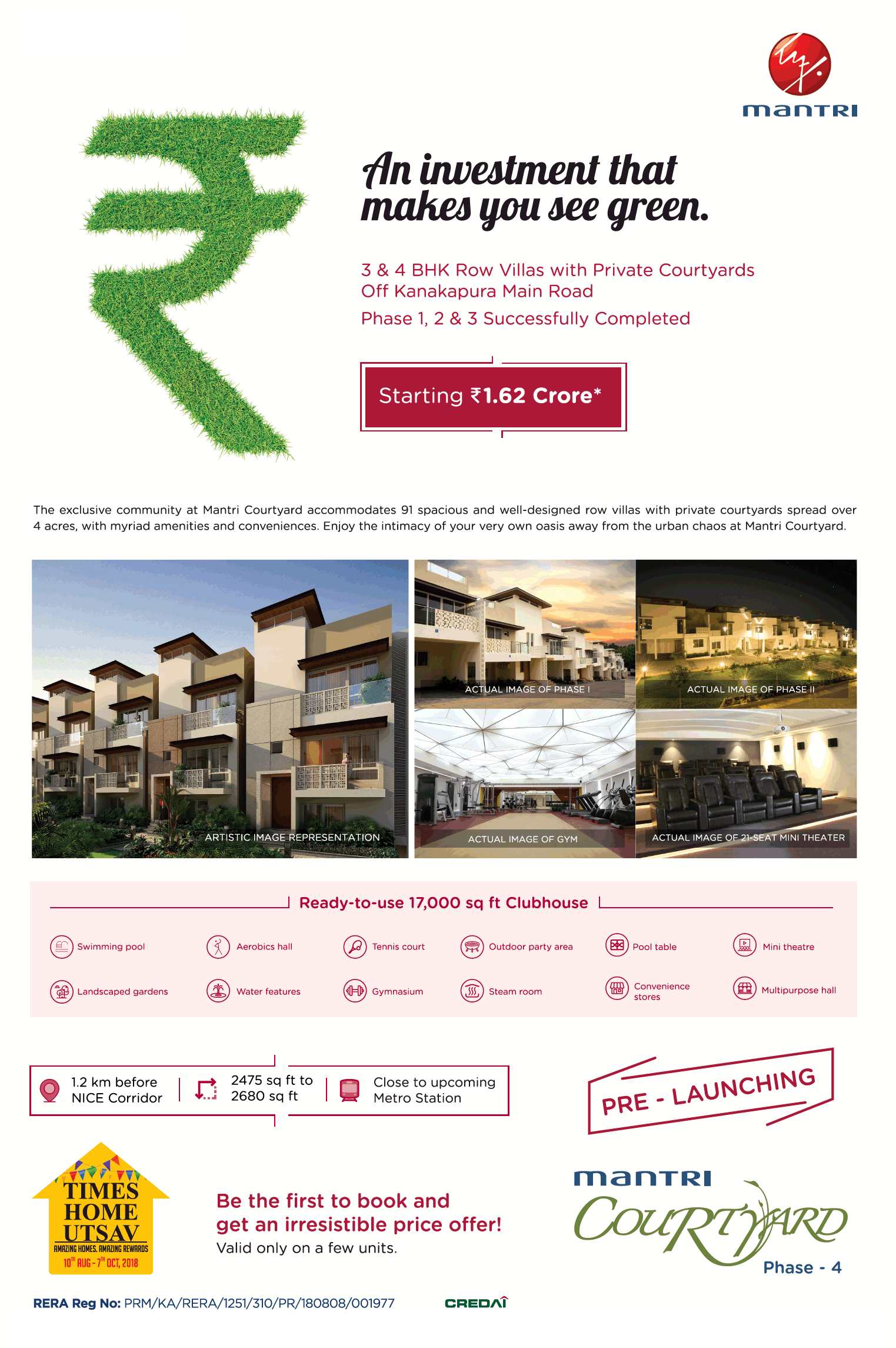 Book row villas with private courtyards @ Rs 1.62 cr at Mantri Courtyard in Bangalore